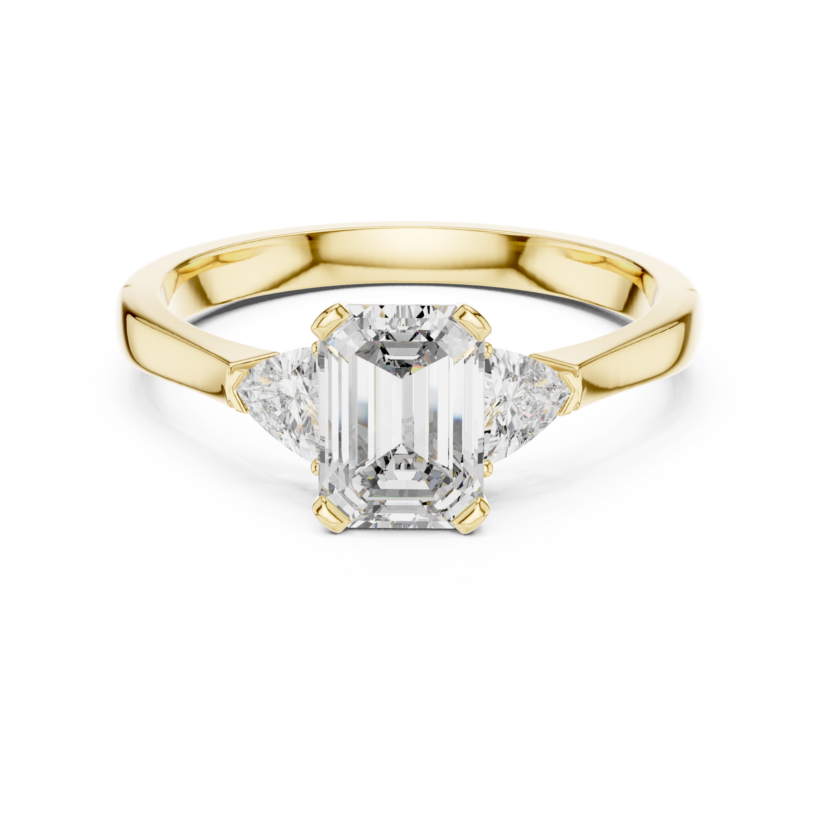 Emerald Cut and Trillion Three Stone Moissanite Engagement Ring in yellow 925 sterling silver, view 4