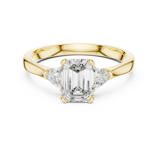 Emerald Cut and Trillion Three Stone Moissanite Engagement Ring in yellow 925 sterling silver, view 4