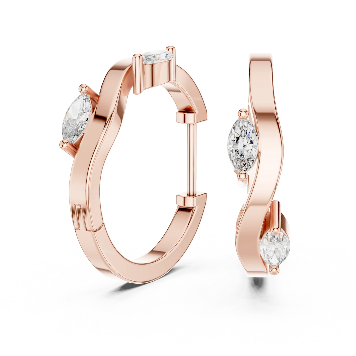 Marquise moissanite wave huggie hoop earrings in rose 925 sterling silver, view 1