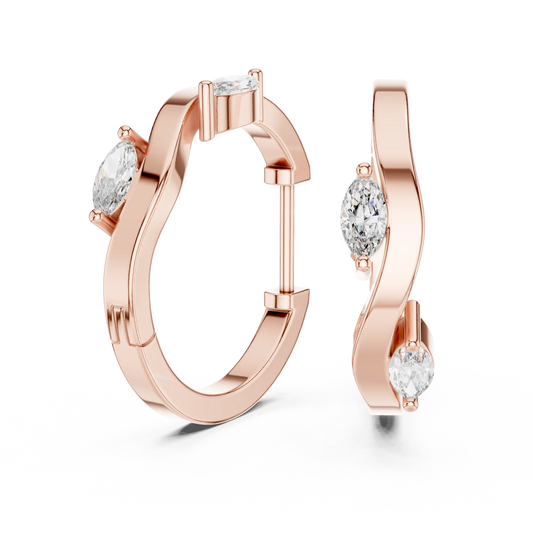 Marquise moissanite wave huggie hoop earrings in rose 925 sterling silver, view 1