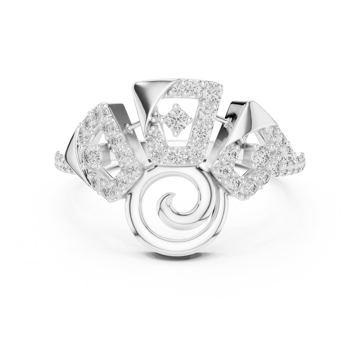 Geometric Pavé Fan and Swirl Moissanite Ring in white 925 sterling silver, view 4