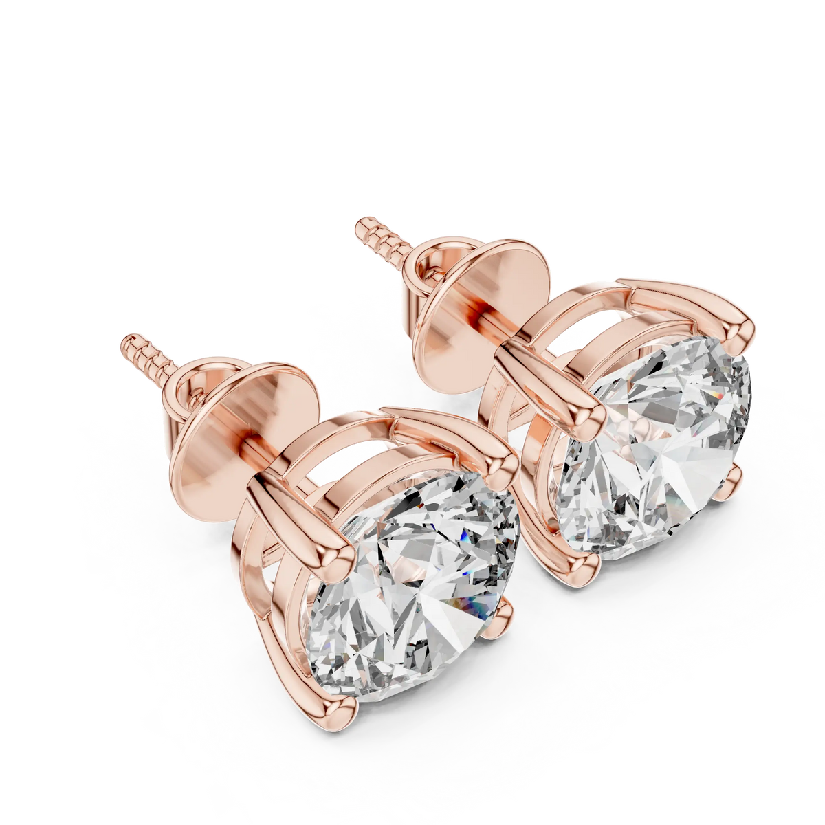 Round moissanite stud earrings in rose 925 sterling silver, four-prong basket, angled view