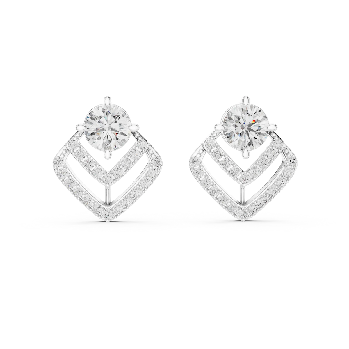Round moissanite pave chevron stud earrings in white 925 sterling silver, view 4