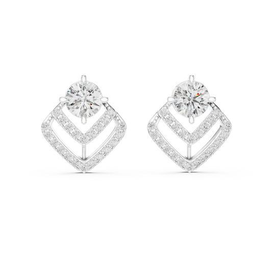 Round moissanite pave chevron stud earrings in white 925 sterling silver, view 4