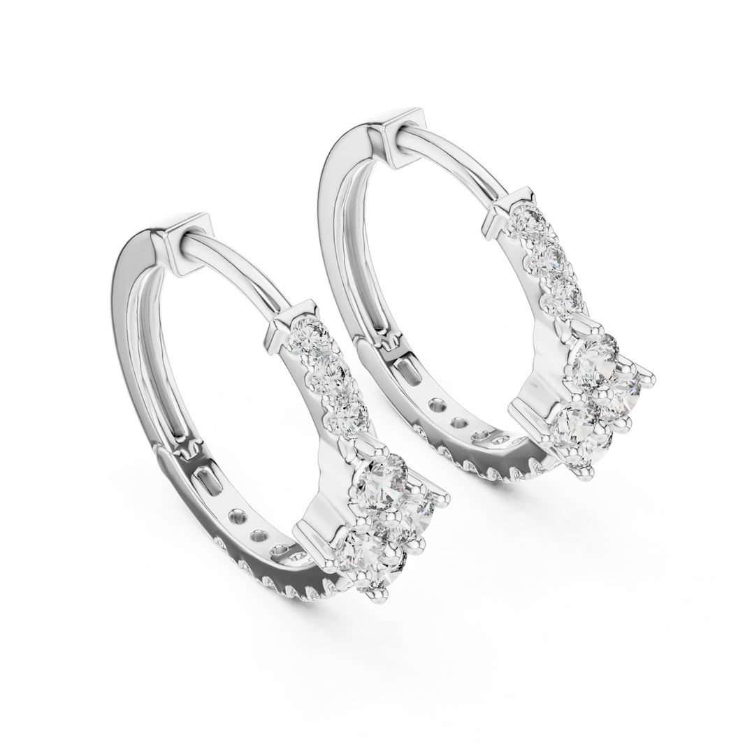 Moissanite cluster huggie hoop earrings in white 925 sterling silver, view 2
