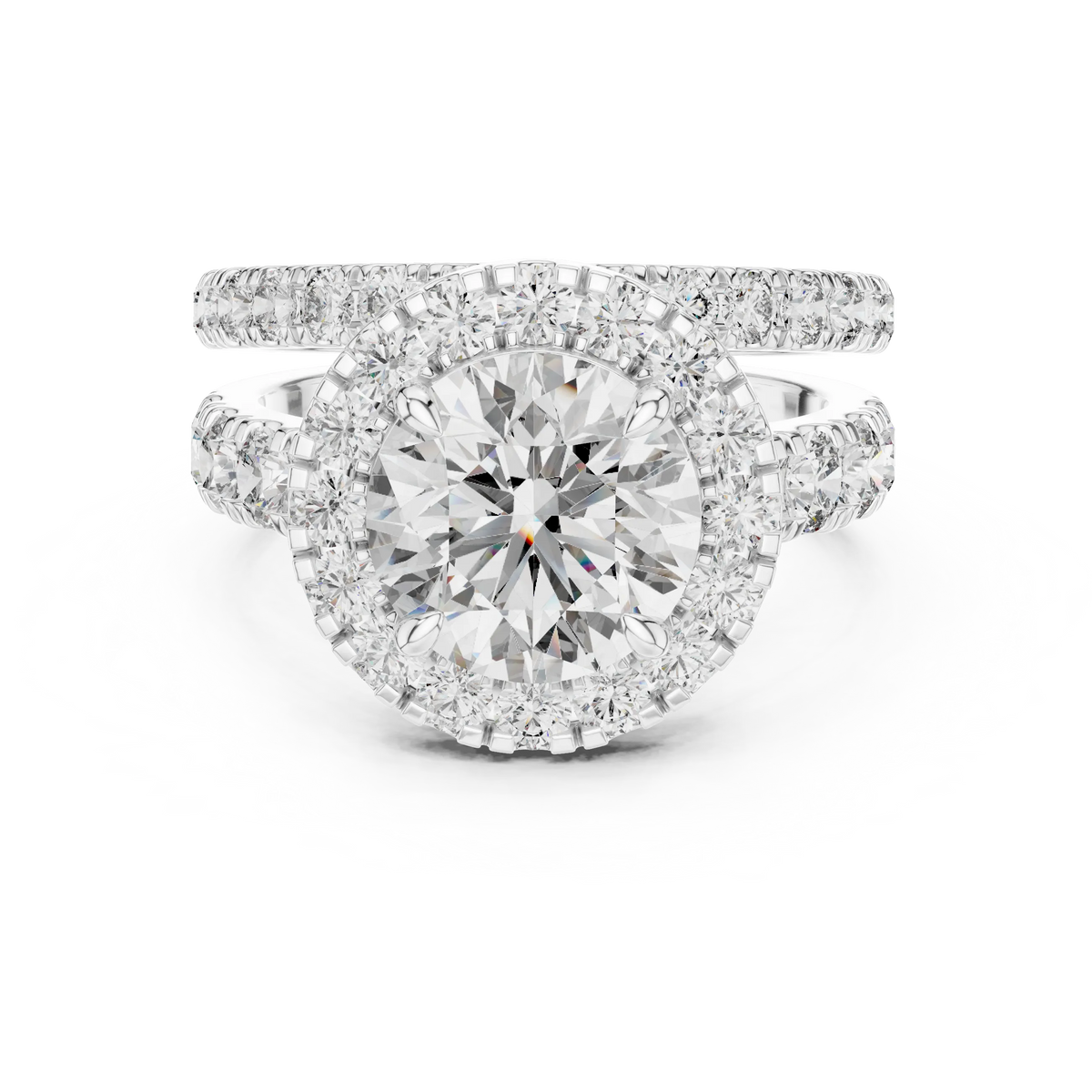 Round Halo Moissanite Double Band Ring in white 925 sterling silver, view 4
