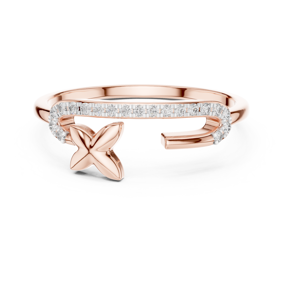 Pavé Bar Moissanite Ring with Clover Accent in rose 925 sterling silver, view 4