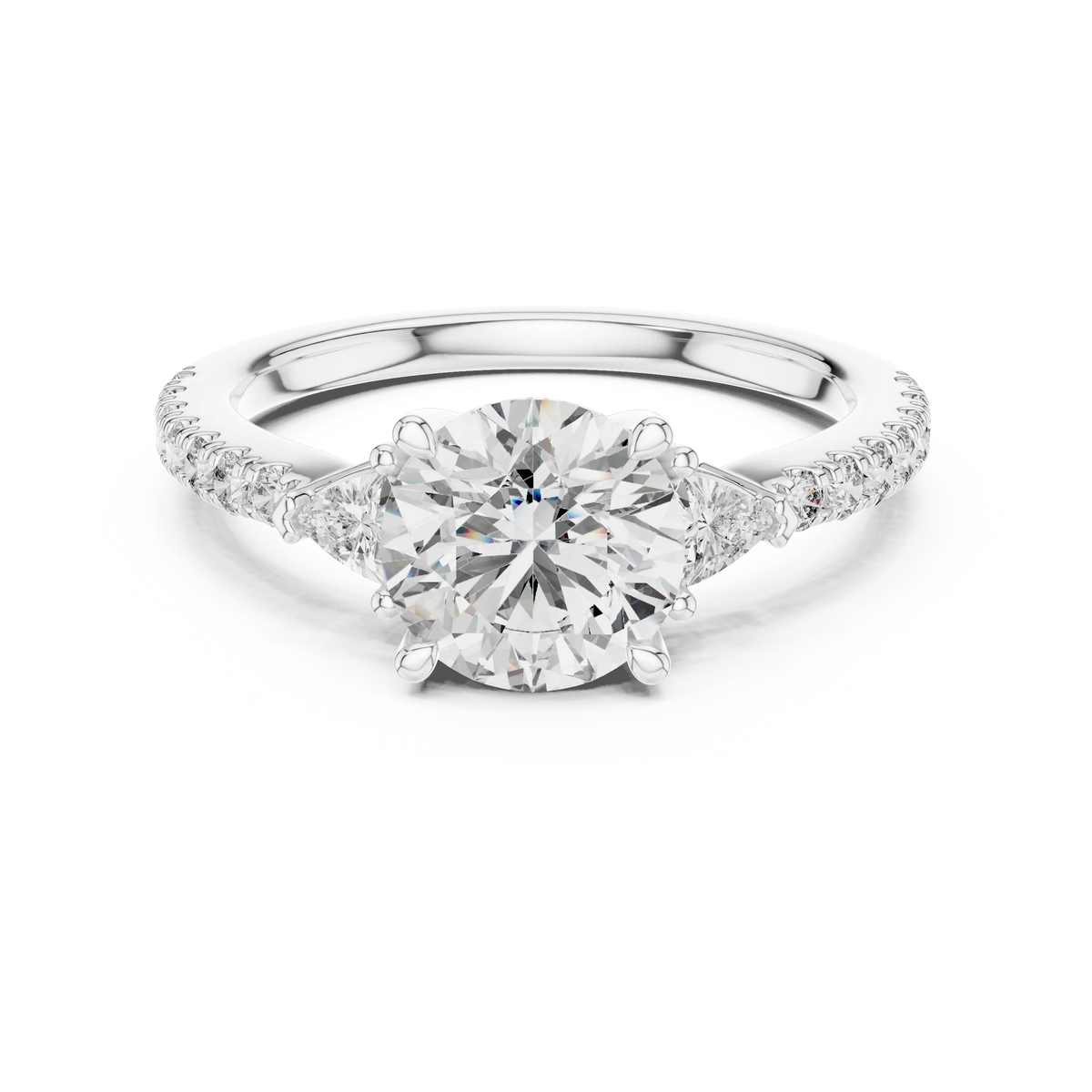Round Moissanite Ring with Trillion Sides and Pavé Band in white 925 sterling silver, view 4