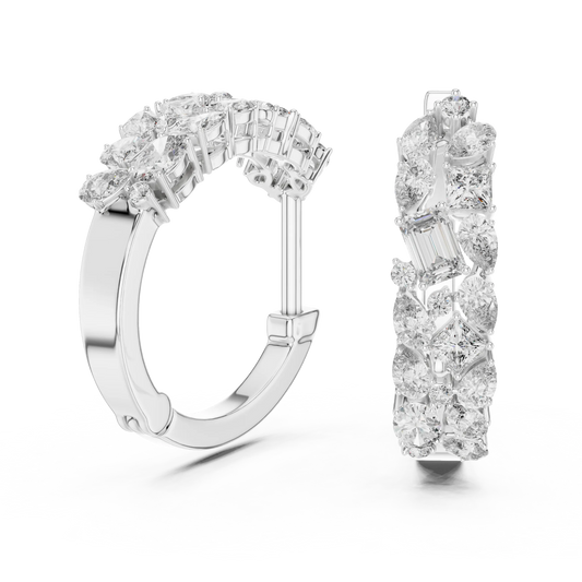 Mixed shape moissanite cluster hoop earrings in white 925 sterling silver, view 1