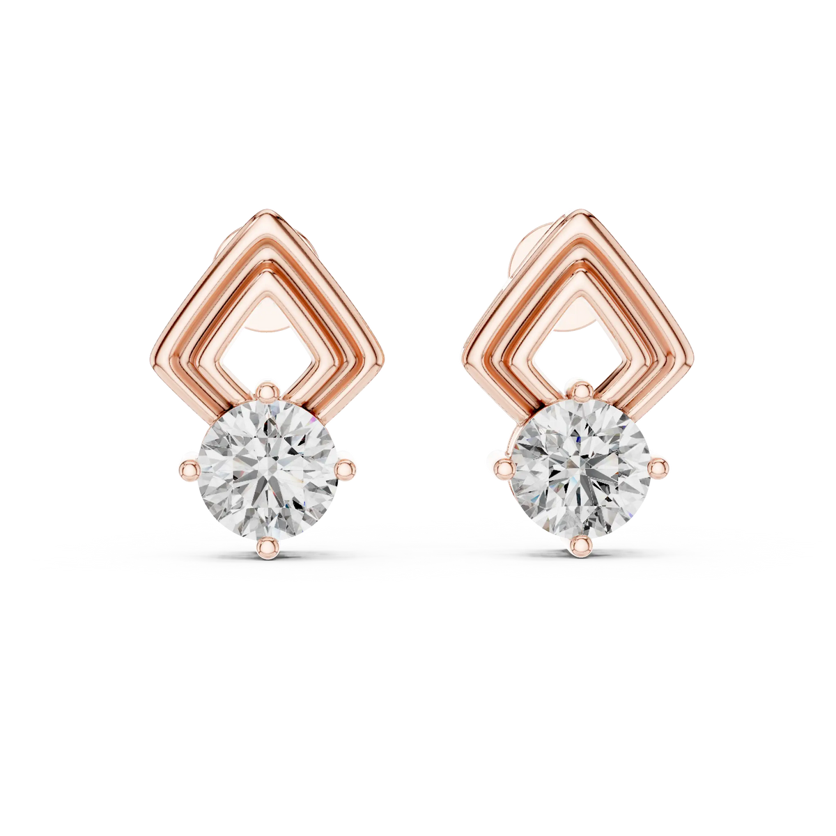 Round moissanite geometric frame stud earrings in rose 925 sterling silver, view 4