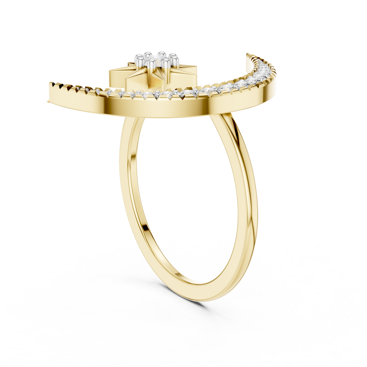 Crescent Moon and Star Moissanite Open Ring in yellow 925 sterling silver, view 1