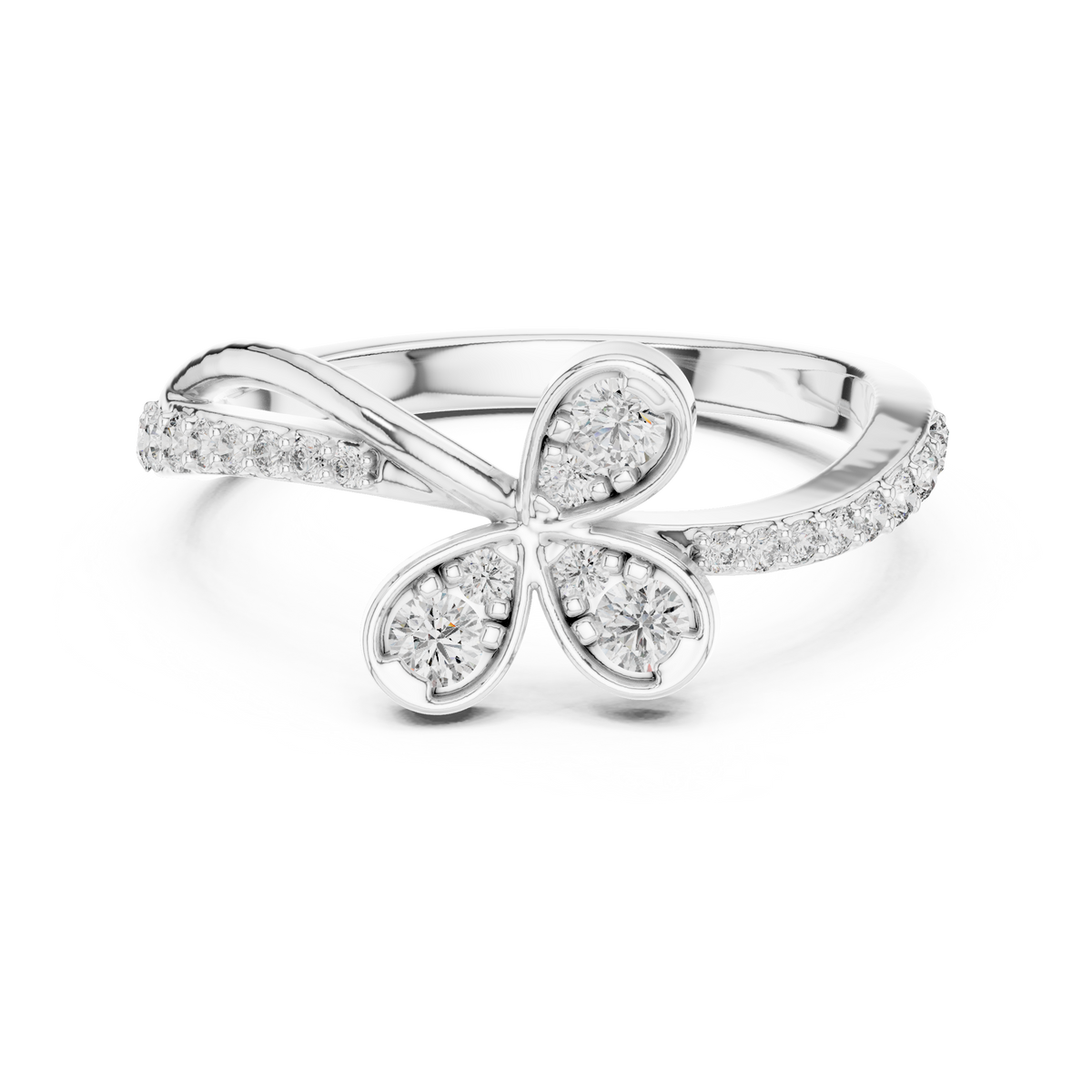 Three Petal Flower Bypass Moissanite Ring in white 925 sterling silver, view 4
