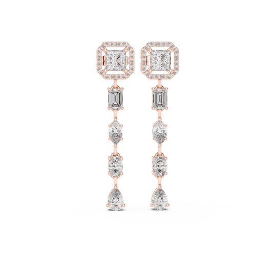 Princess Halo Mixed Shape Moissanite Line Drop Earrings in rose 925 sterling silver, view 4