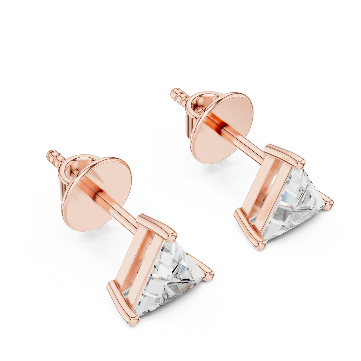 Trillion moissanite stud earrings in rose 925 sterling silver, view 2