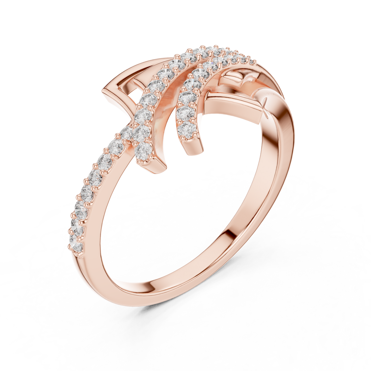 Pavé Wing Crossover Moissanite Ring in rose 925 sterling silver, view 2