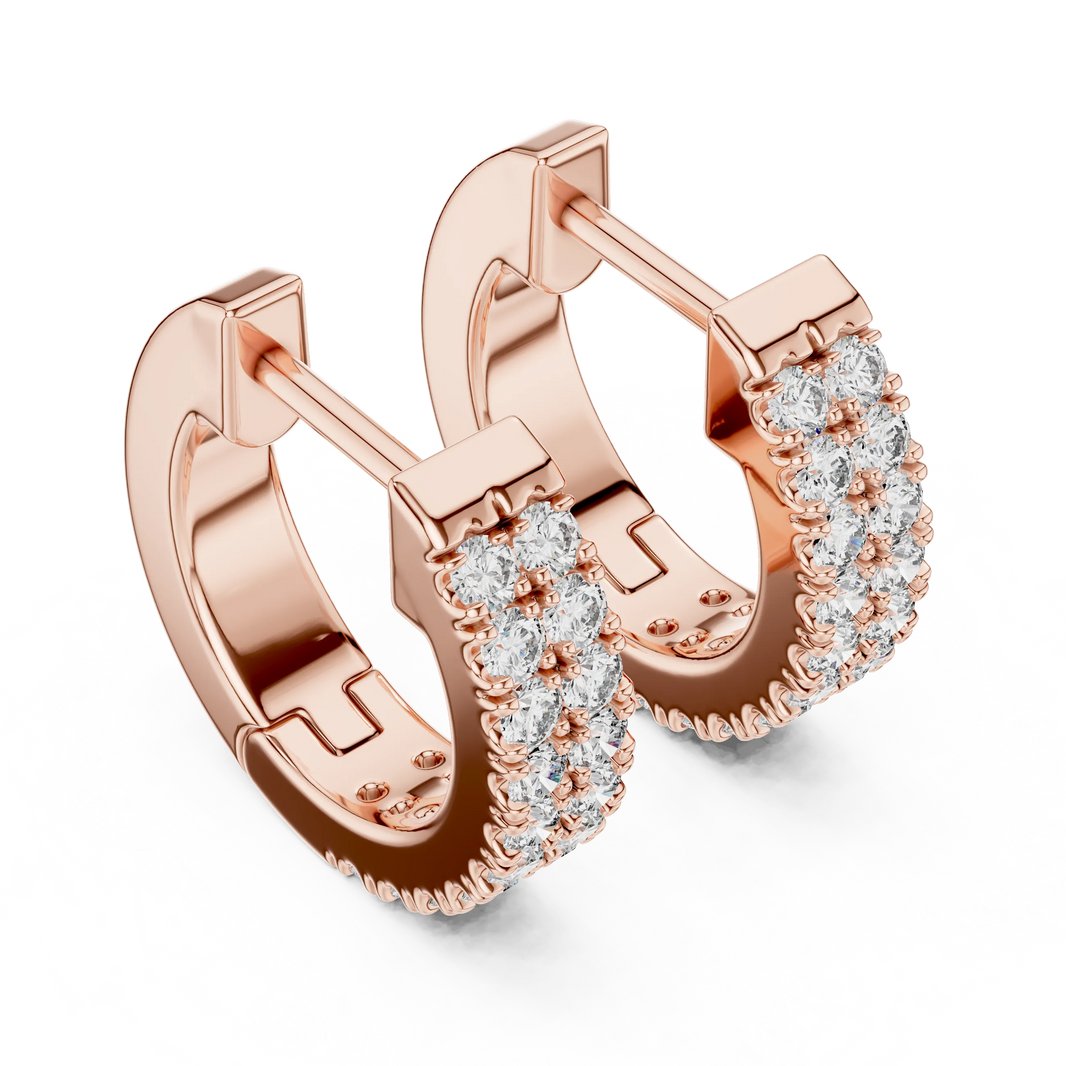 Moissanite double row pave huggie earrings in rose 925 sterling silver, view 2