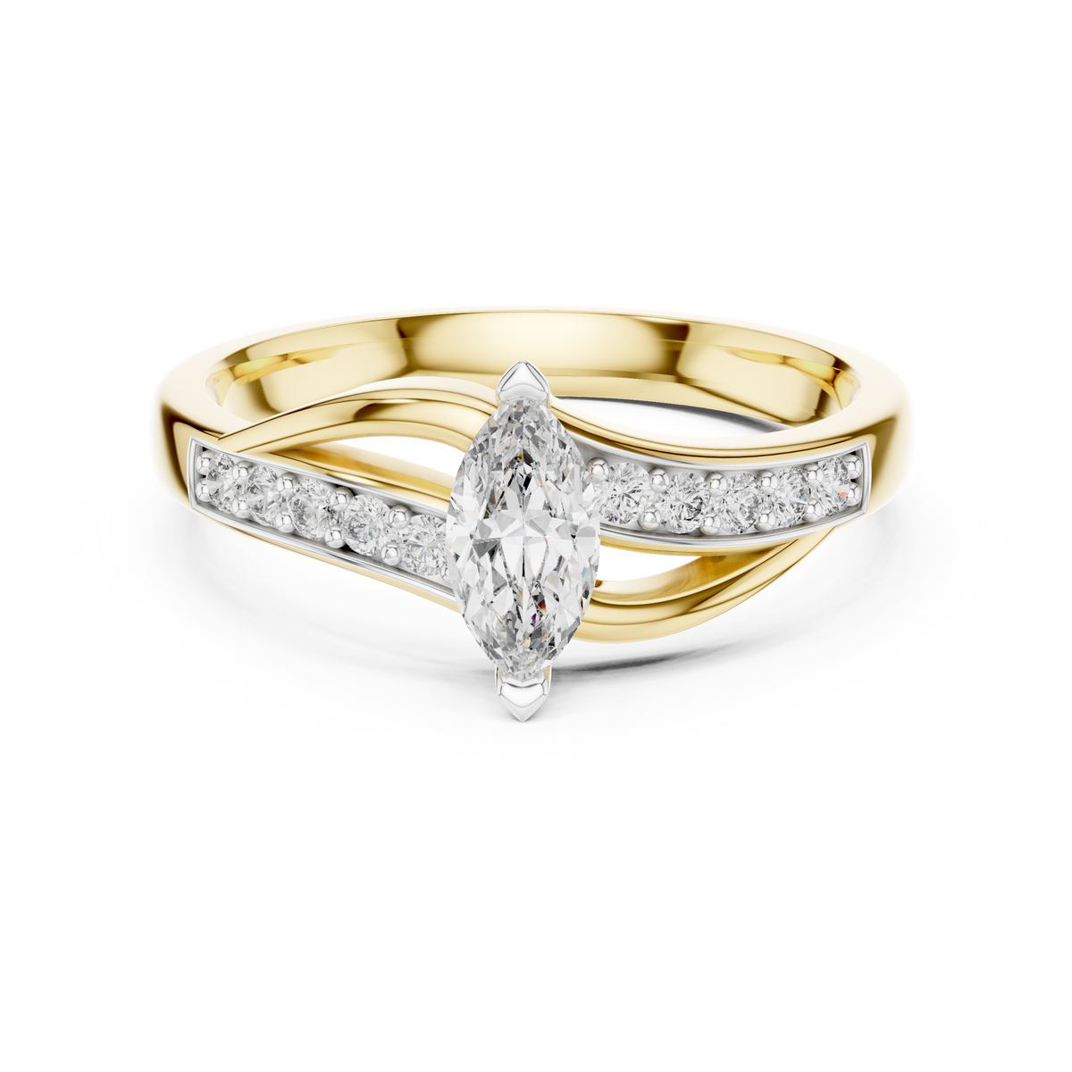 Marquise Bypass Moissanite Ring with Pavé Shoulders in yellow 925 sterling silver, view 4