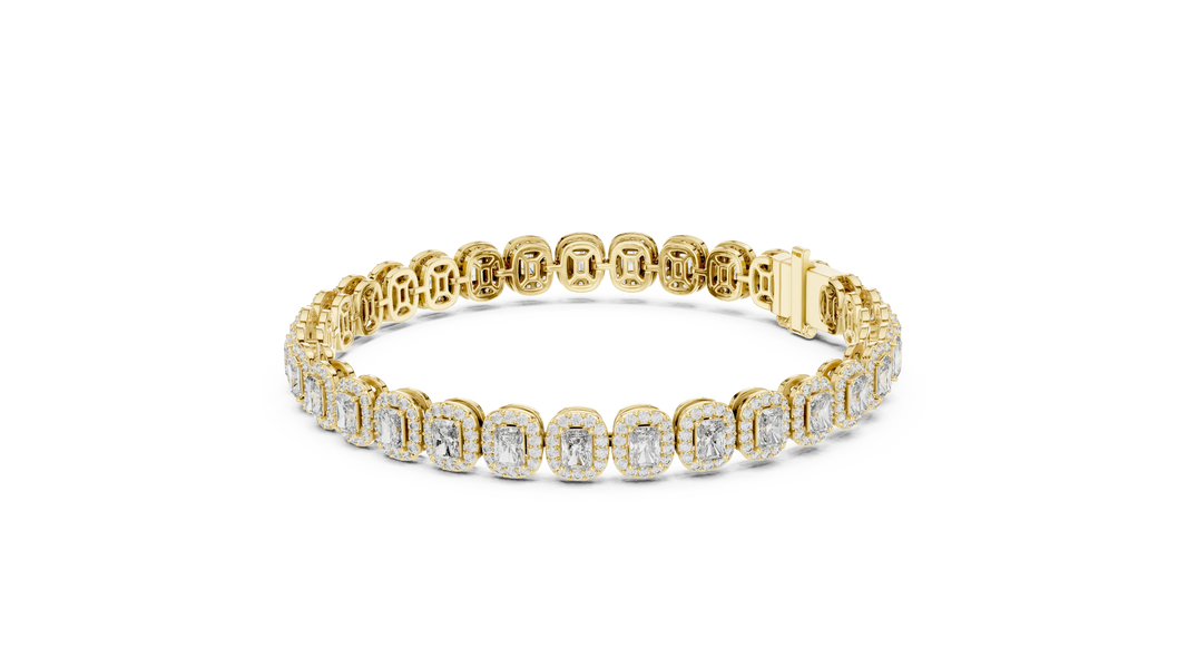 Radiant Cut Halo Moissanite Tennis Bracelet in yellow 925 sterling silver, view 2