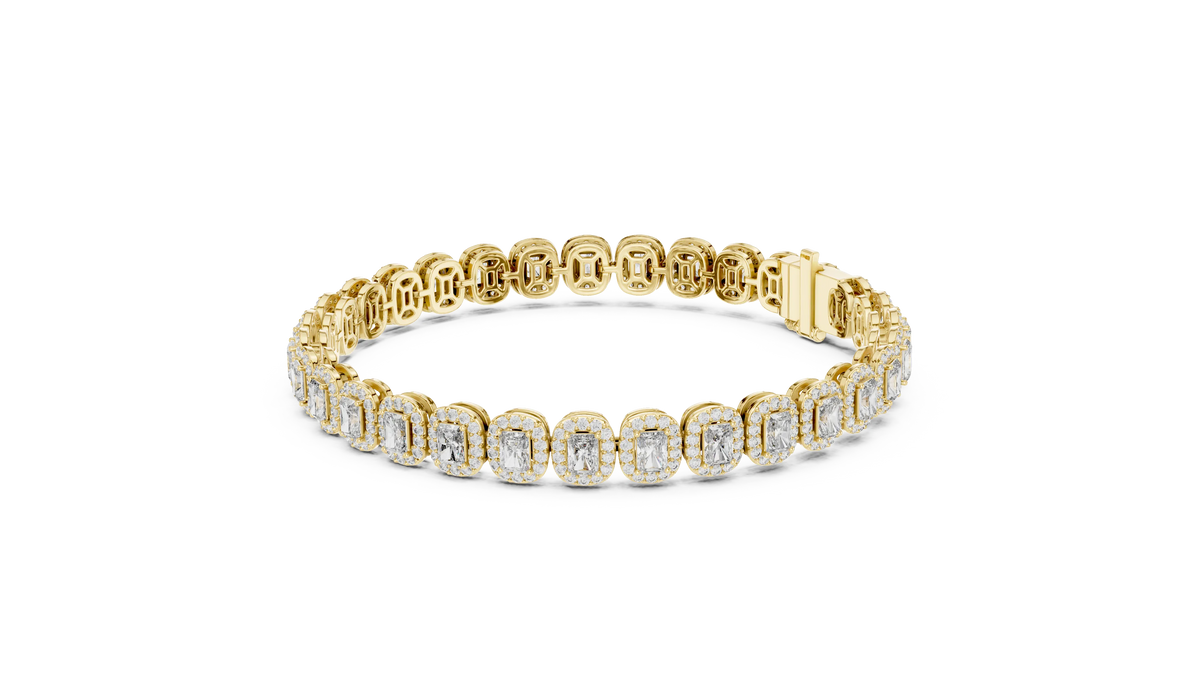 Radiant Cut Halo Moissanite Tennis Bracelet in yellow 925 sterling silver, view 2