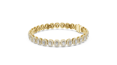 Radiant Cut Halo Moissanite Tennis Bracelet in yellow 925 sterling silver, view 2