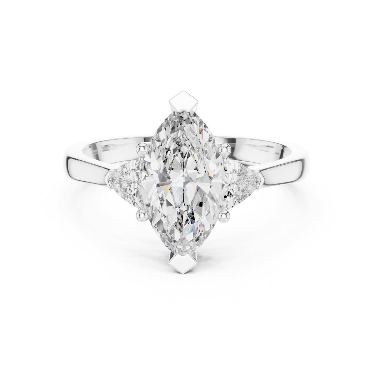 Marquise and Trillion Three Stone Moissanite Ring in white 925 sterling silver, view 4