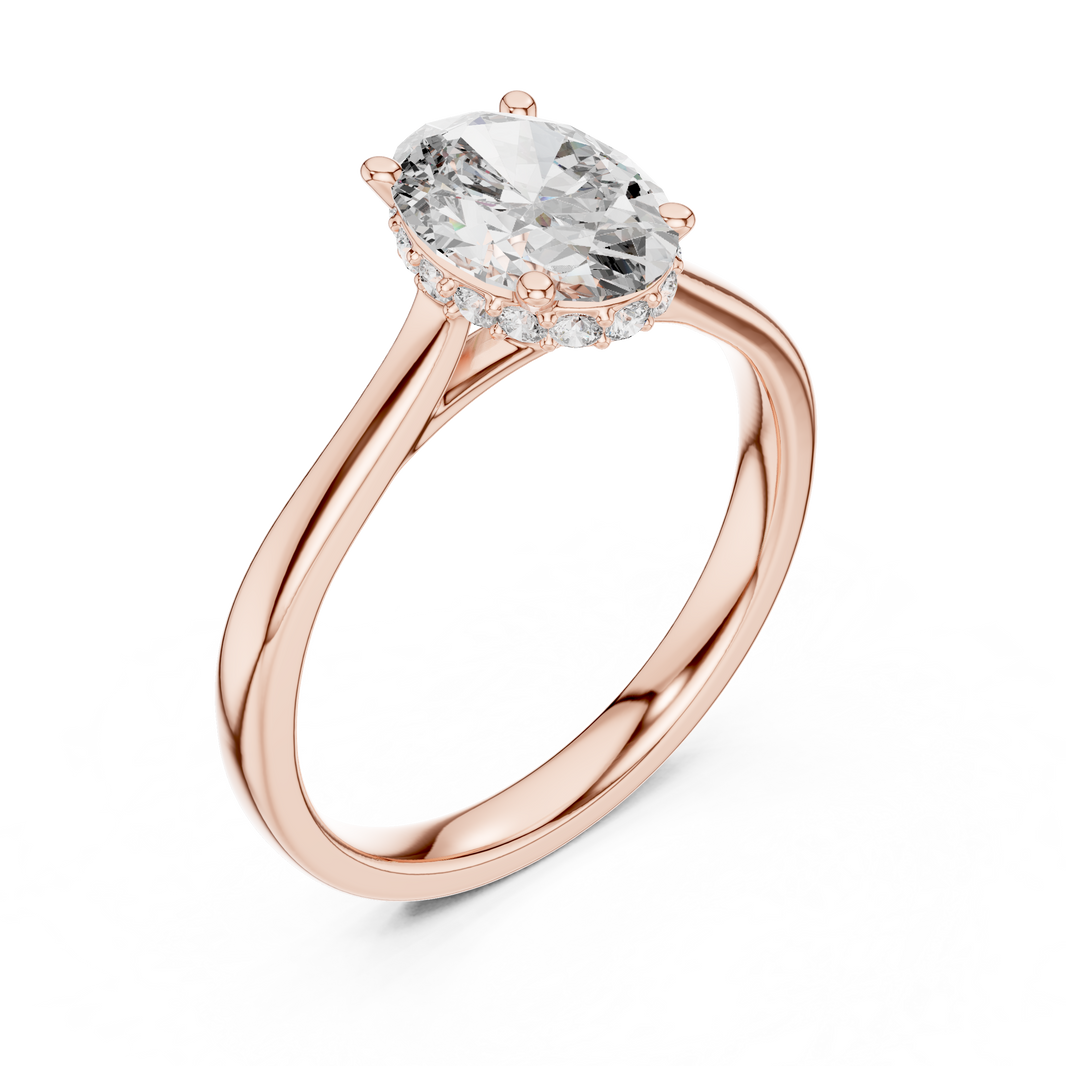 Oval Hidden Halo Moissanite Cathedral Solitaire Ring in rose 925 sterling silver, view 2