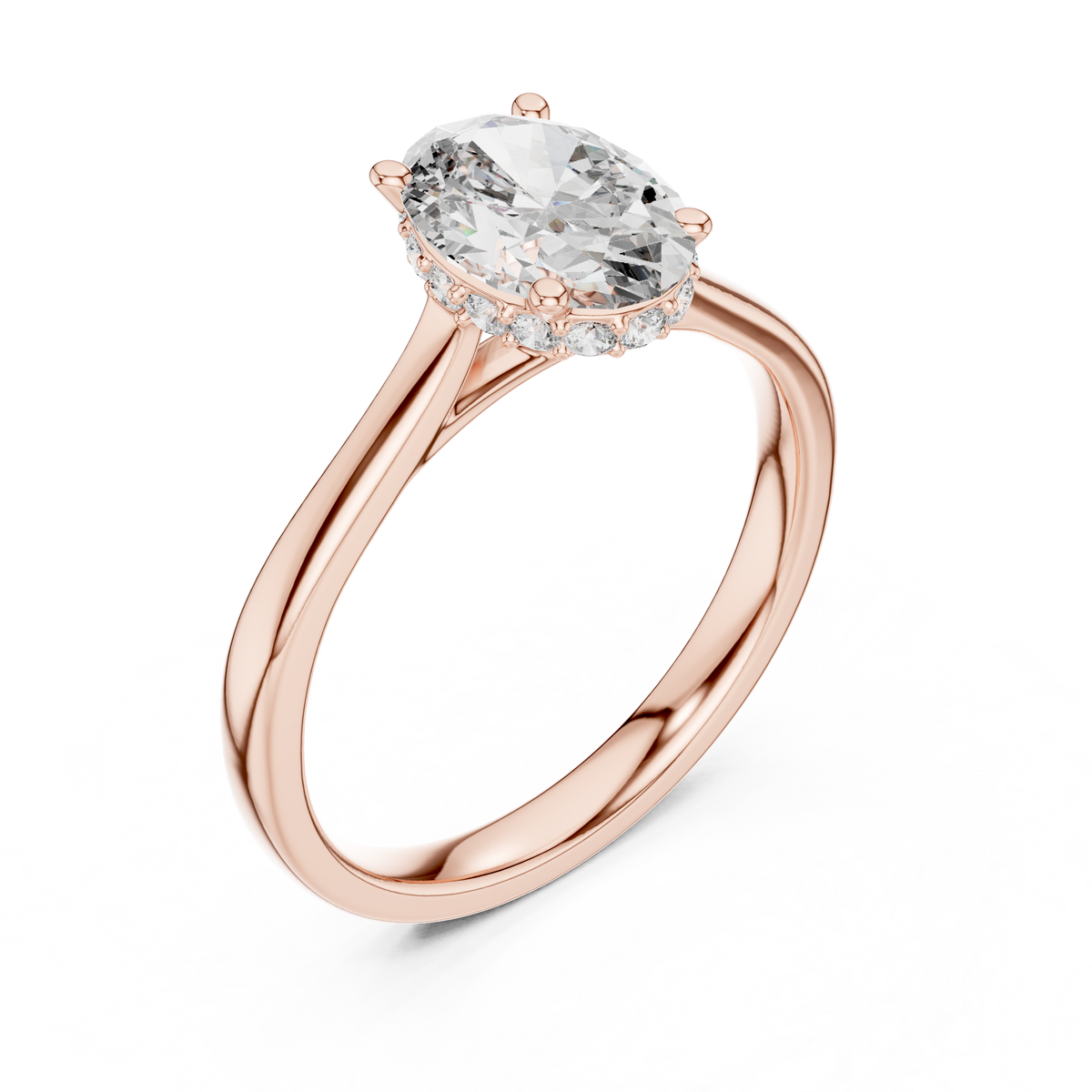 Oval Hidden Halo Moissanite Cathedral Solitaire Ring in rose 925 sterling silver, view 2