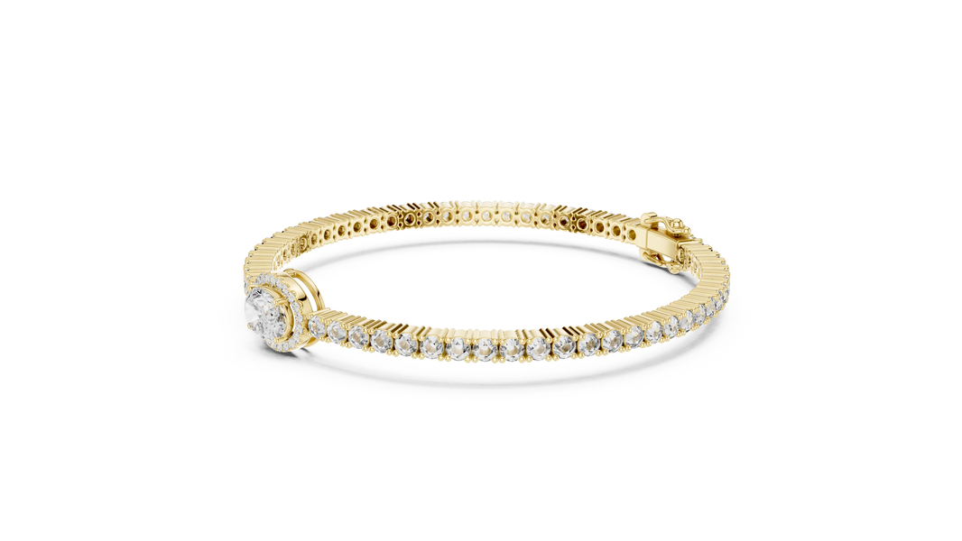 Oval Halo Centre Moissanite Tennis Bracelet in yellow 925 sterling silver, view 2
