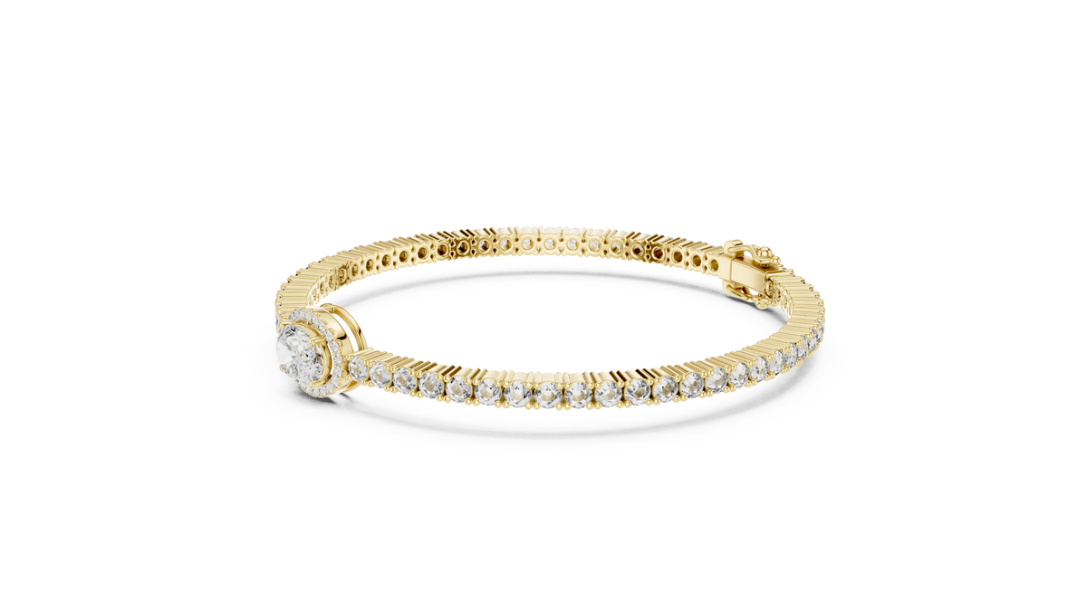 Oval Halo Centre Moissanite Tennis Bracelet in yellow 925 sterling silver, view 2