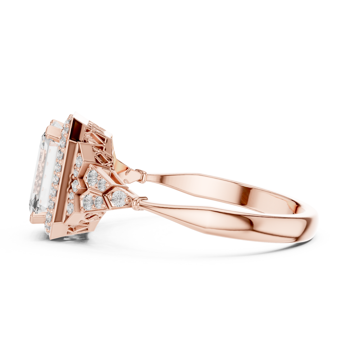 Emerald Cut Art Deco Halo Moissanite Ring in rose 925 sterling silver, view 3
