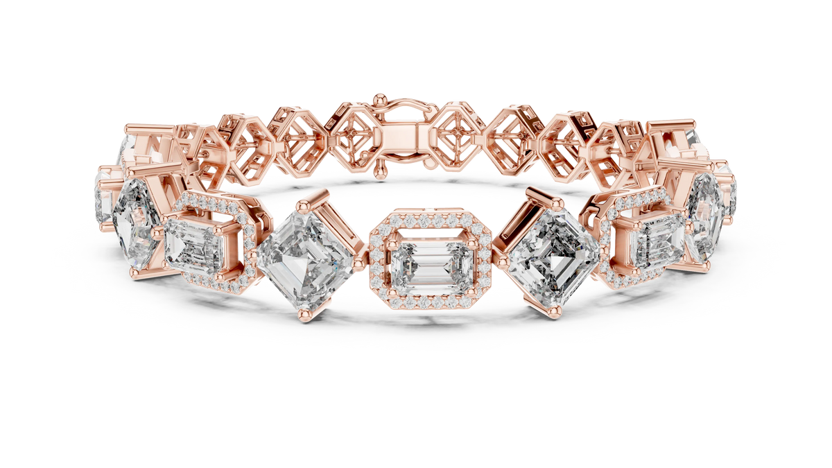 Asscher and Emerald Halo Station Moissanite Bracelet in rose 925 sterling silver, view 1