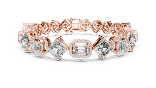 Asscher and Emerald Halo Station Moissanite Bracelet in rose 925 sterling silver, view 1