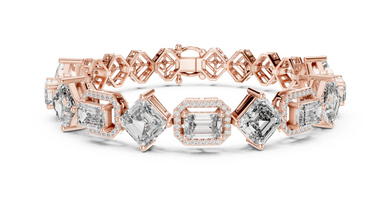 Asscher and Emerald Halo Station Moissanite Bracelet in rose 925 sterling silver, view 1