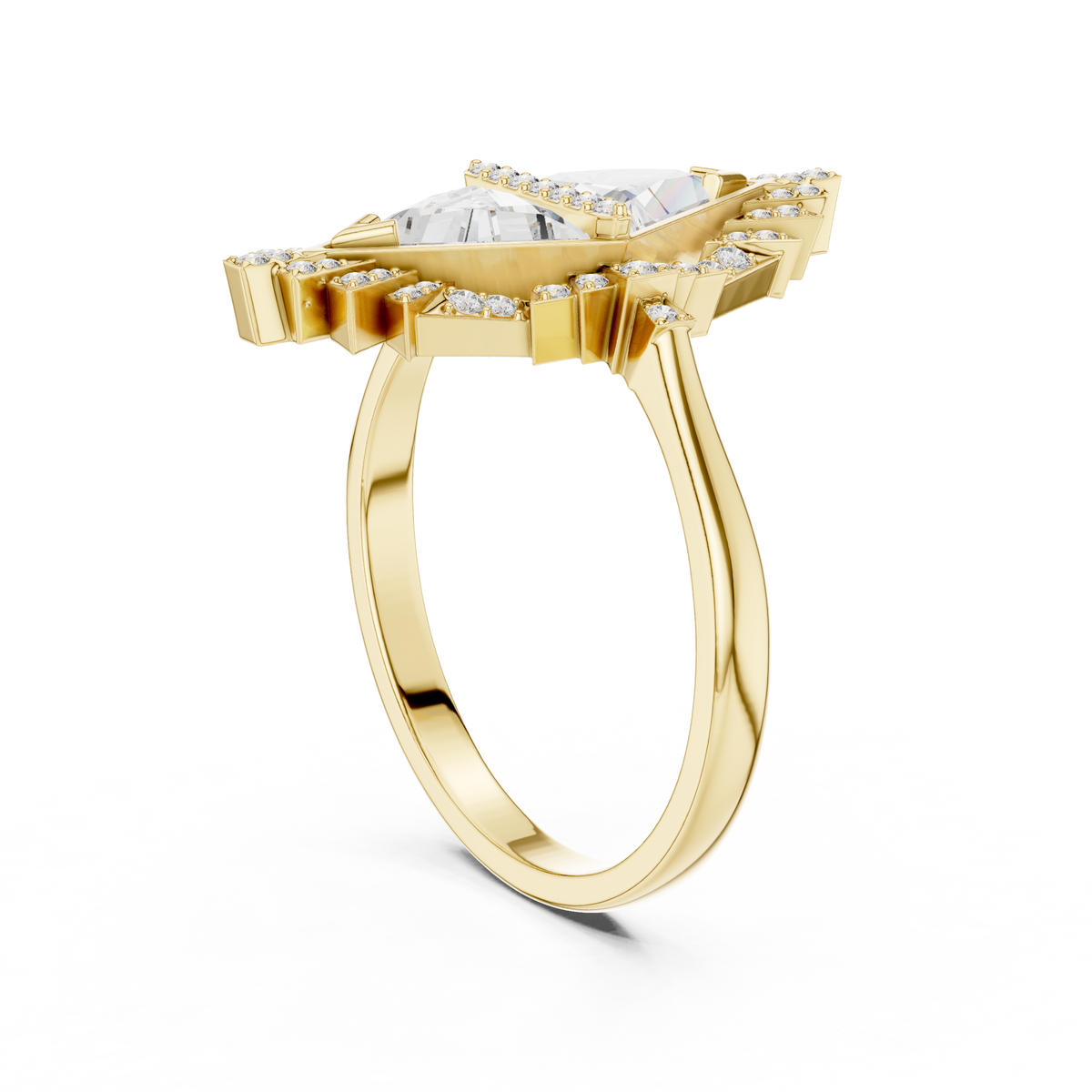 Art Deco Twin Triangle Moissanite Cocktail Ring in yellow 925 sterling silver, view 1
