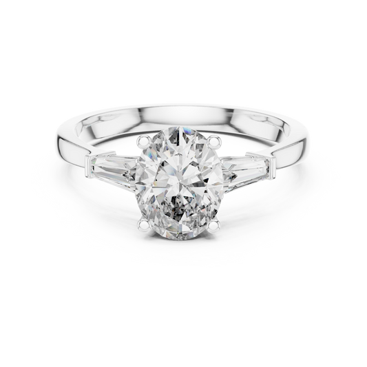 Oval Moissanite Ring with Tapered Baguette Sides in white 925 sterling silver, view 4