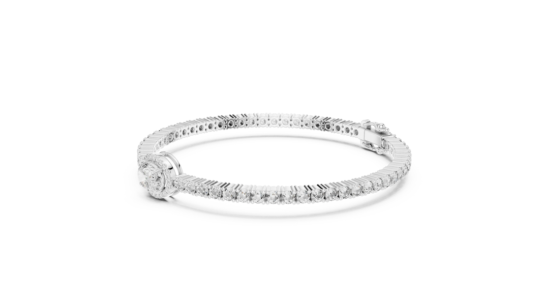 Oval Halo Centre Moissanite Tennis Bracelet in white 925 sterling silver, view 2
