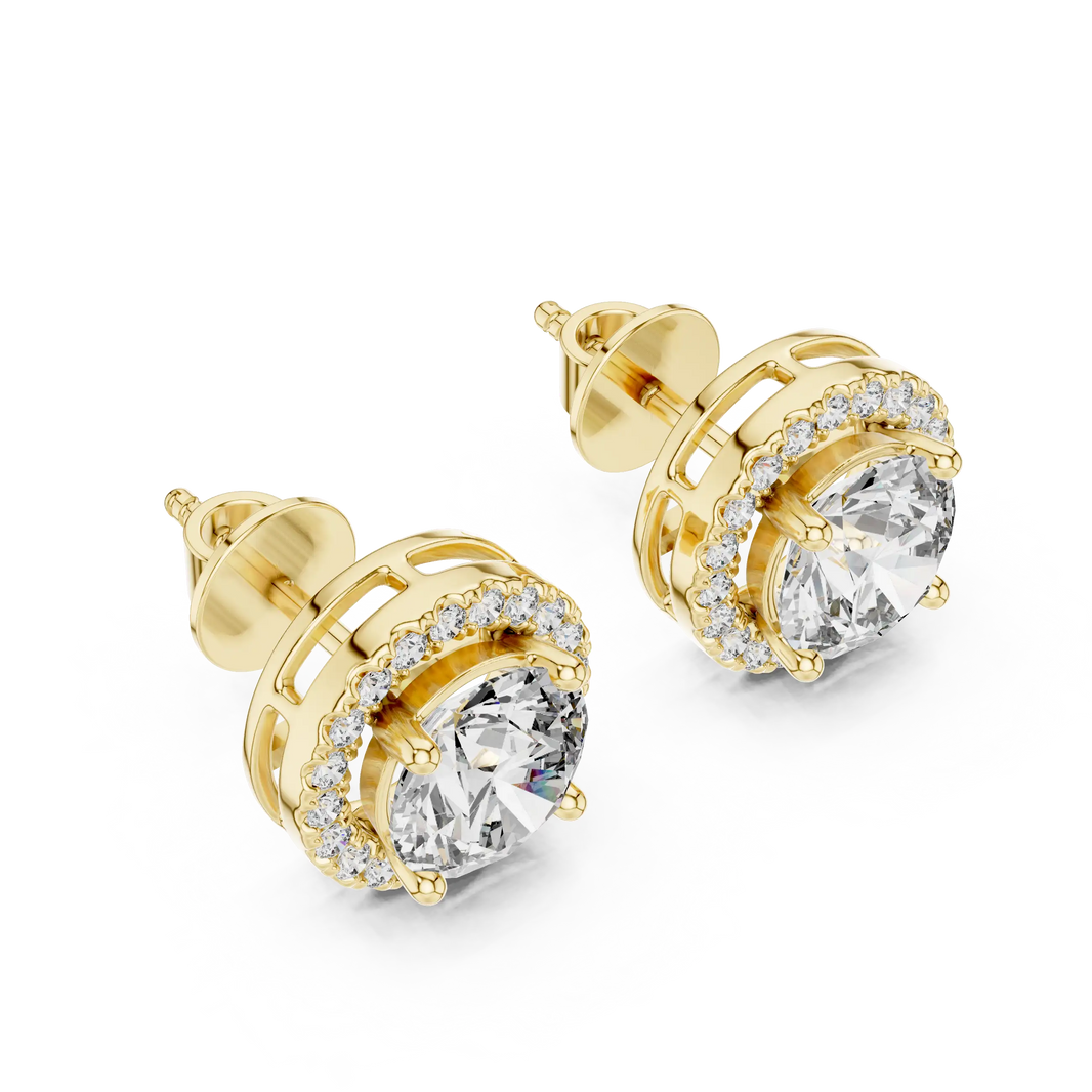 Round moissanite U-prong halo stud earrings in yellow 925 sterling silver, view 2