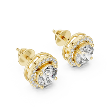 Round moissanite U-prong halo stud earrings in yellow 925 sterling silver, view 2