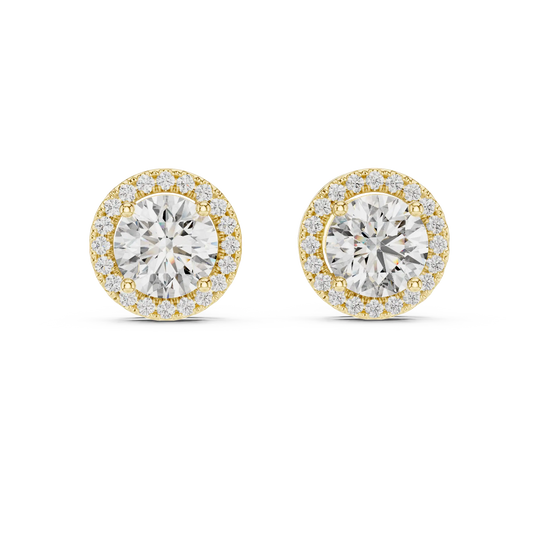 Round moissanite U-prong halo stud earrings in yellow 925 sterling silver, view 4