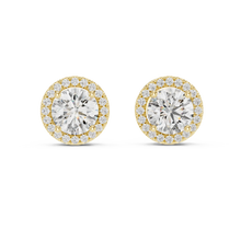 Round moissanite U-prong halo stud earrings in yellow 925 sterling silver, view 4