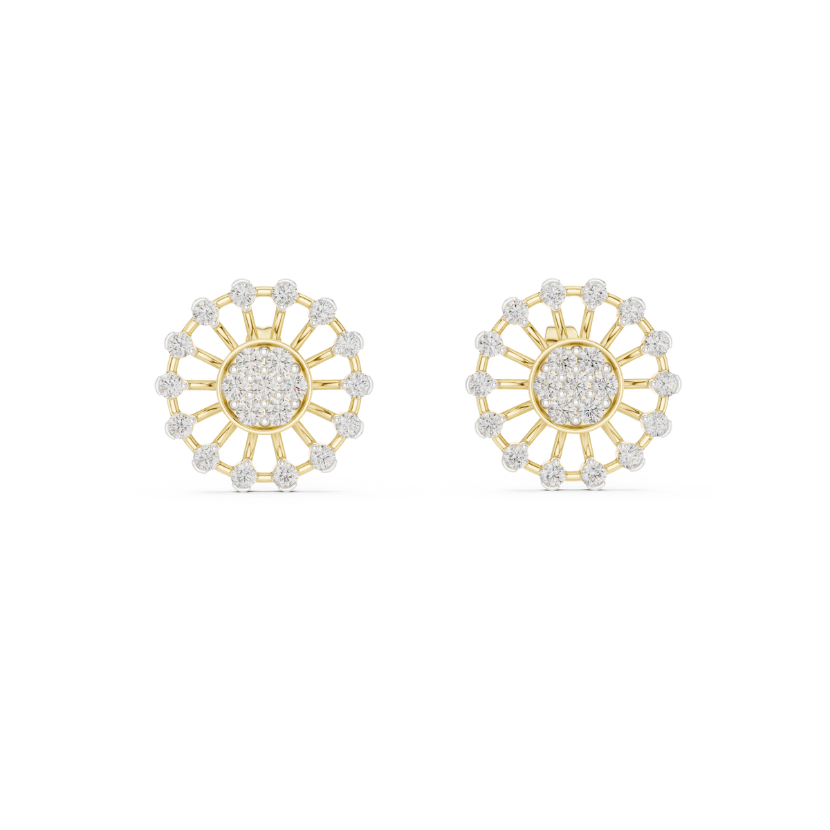 Moissanite Wheel Cluster Stud Earrings in yellow 925 sterling silver, view 4