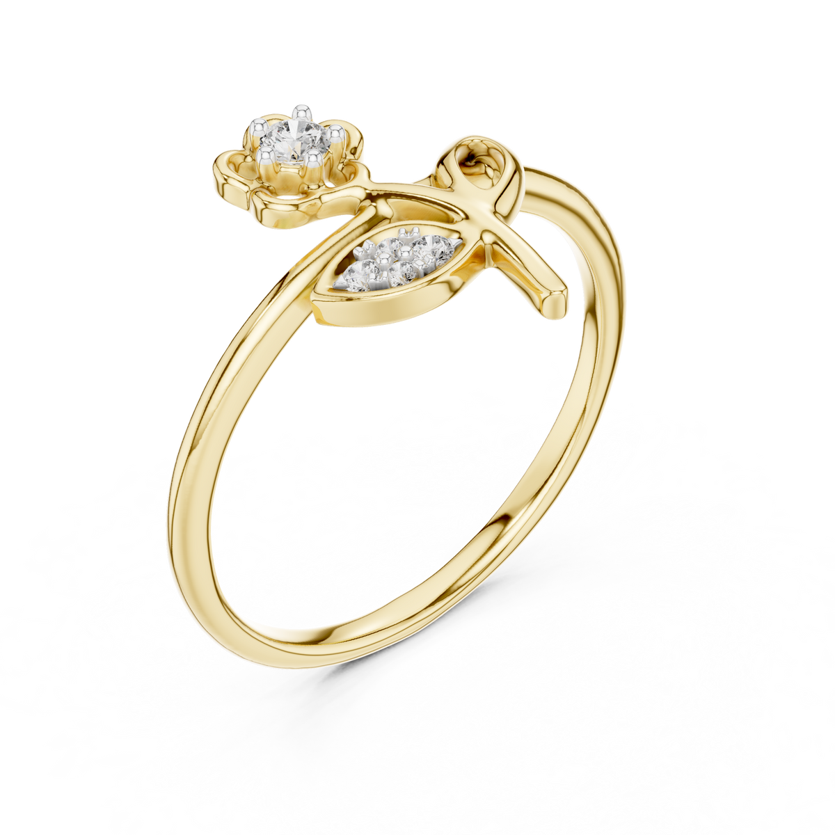 Flower on Stem Moissanite Ring in yellow 925 sterling silver, view 2