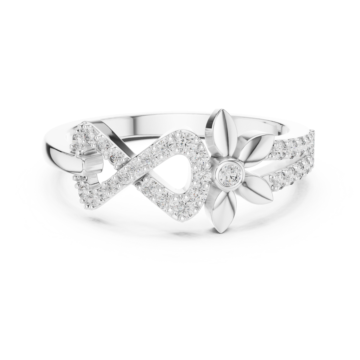 Pavé Infinity and Flower Moissanite Ring in white 925 sterling silver, view 4