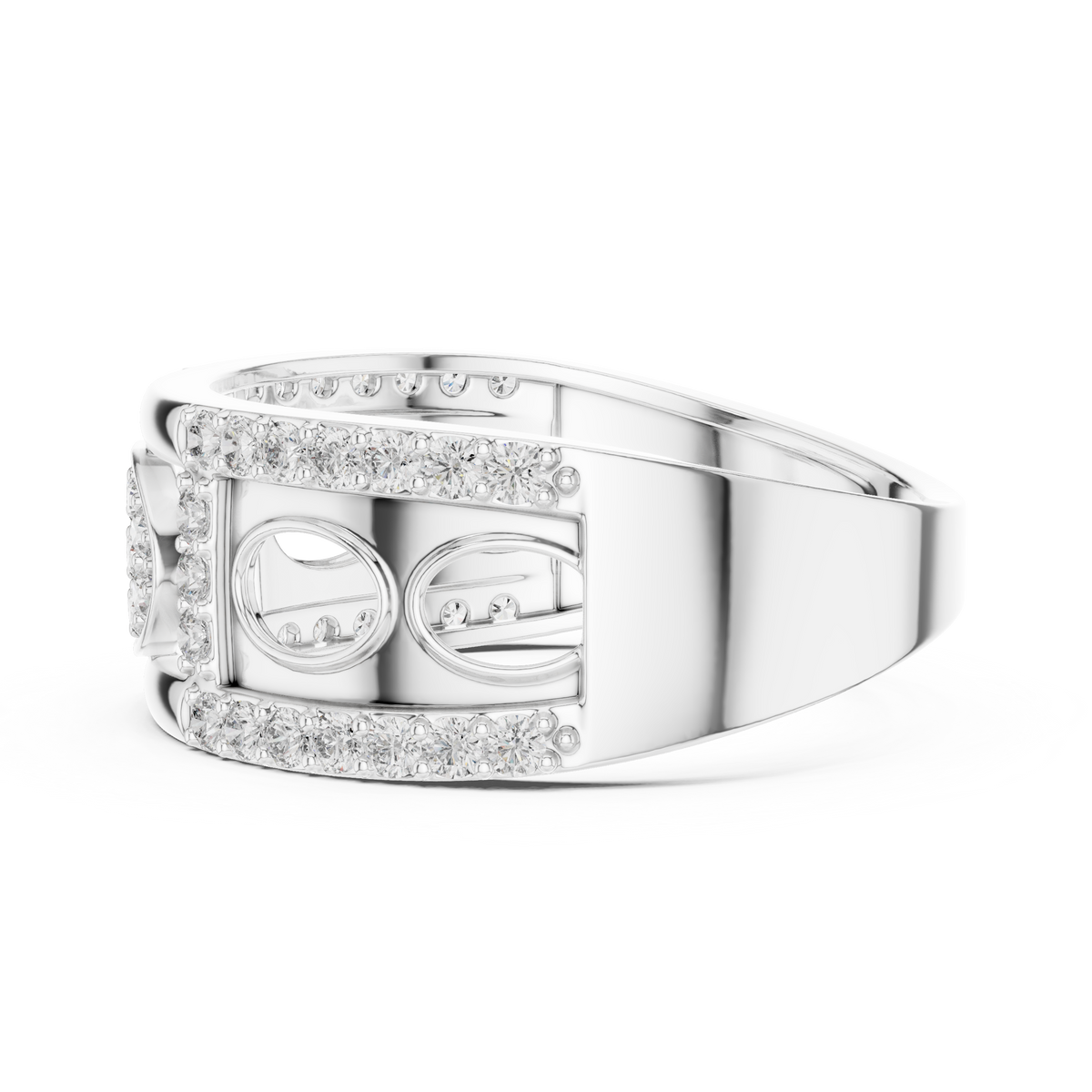 Oval Pavé Cluster Openwork Moissanite Statement Band in white 925 sterling silver, view 3