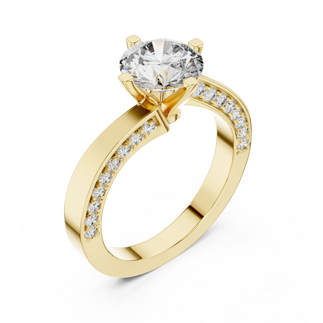Round Solitaire Moissanite Ring with Pavé Cathedral Shank in yellow 925 sterling silver, view 2