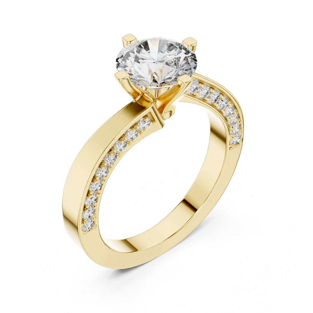 Round Solitaire Moissanite Ring with Pavé Cathedral Shank in yellow 925 sterling silver, view 2