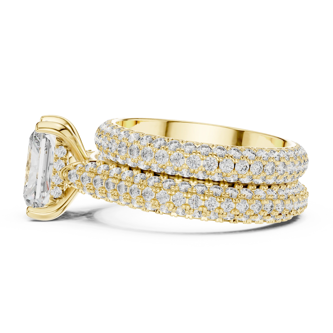 Radiant Cut Moissanite Ring with Wide Pavé Band in yellow 925 sterling silver, view 3