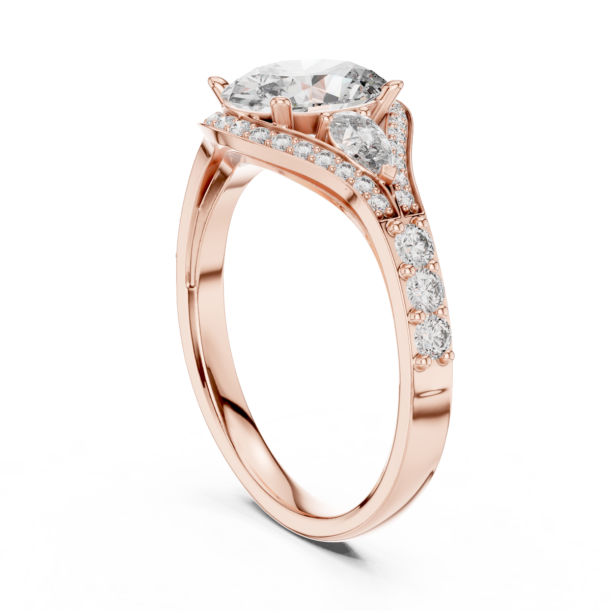 Oval and Pear Moissanite Halo Ring with Split Pavé Shoulders in rose 925 sterling silver, view 1