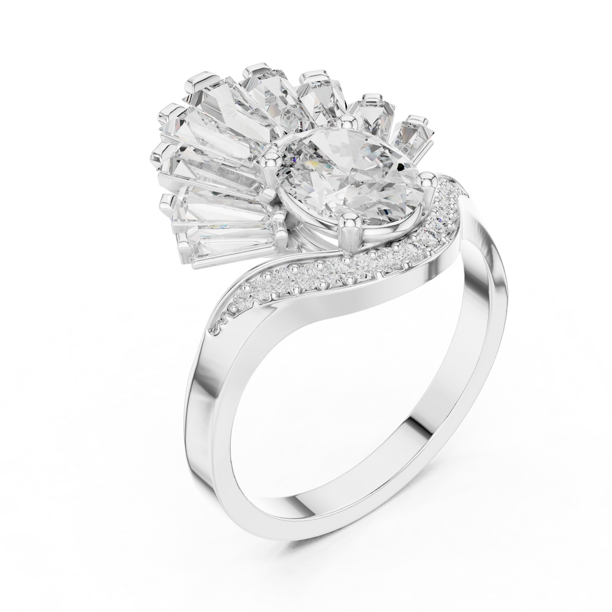 Oval Moissanite Ring with Baguette Fan Crown in white 925 sterling silver, view 2
