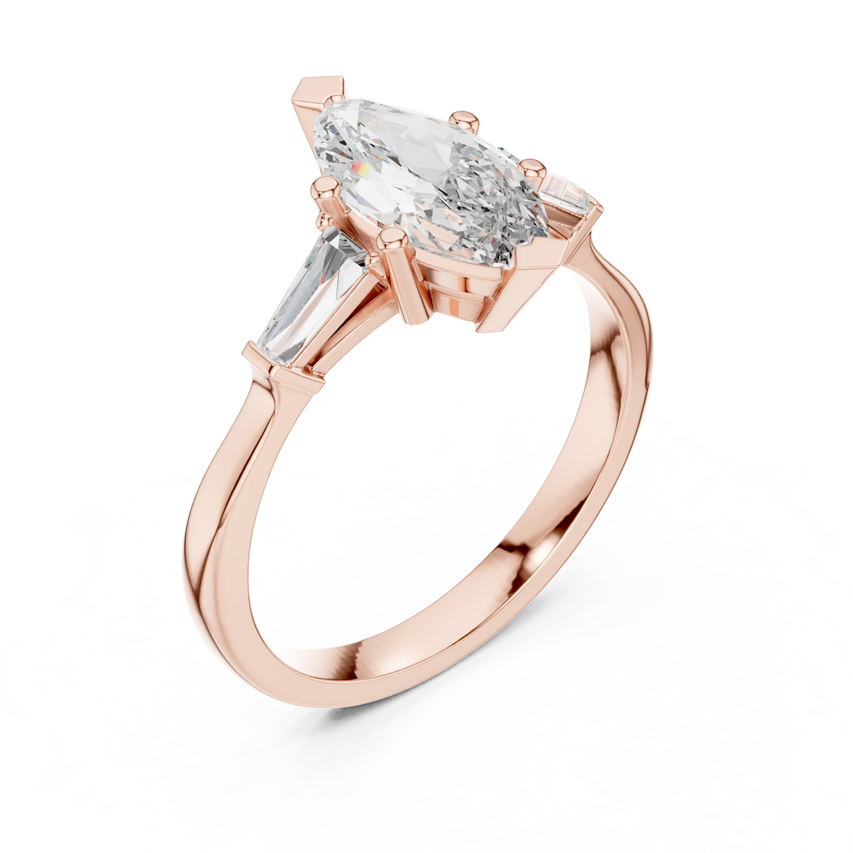 Marquise Moissanite Ring with Tapered Baguette Sides in rose 925 sterling silver, view 2